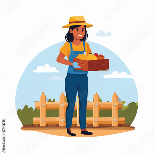 Young farmer woman holding basket of vegetables outdoors.