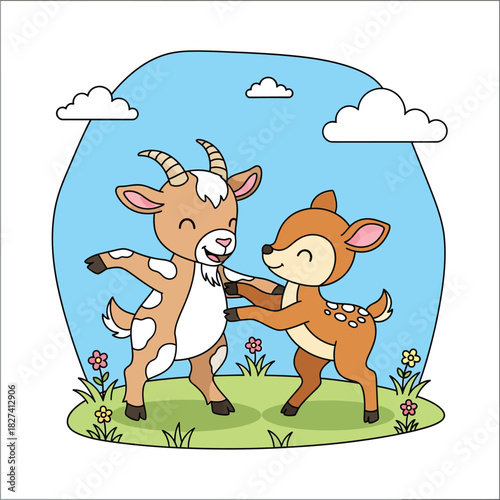 Cute cartoon baby goat and deer playing together on grass vector illustration. Adorable farm and forest animal friends dancing happily in nature with flowers and blue sky.