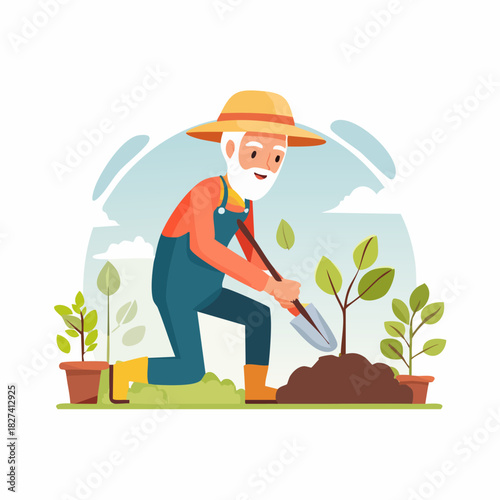 Elderly Gardener Tending Garden Soil With Tools.