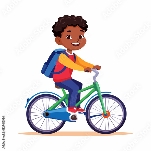 Cheerful Child Riding Bicycle with Backpack.
