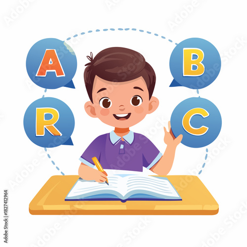 Cheerful boy studying at desk with alphabet balloons.