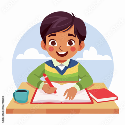 Cheerful schoolboy writing at desk with book.