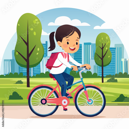 Young girl riding a bicycle in the park.