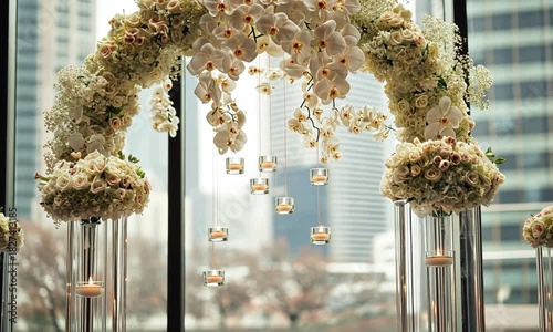 Elegant Wedding Decor with Flowers, Candles and City Views for a Romantic Celebration