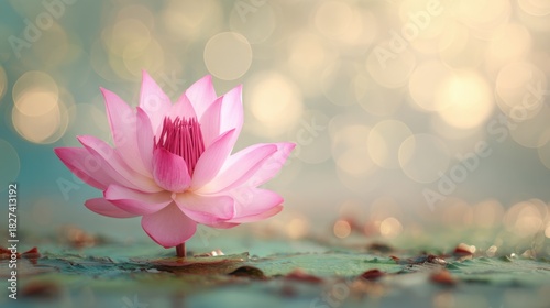 Wallpaper Mural A delicate pink lotus flower stands tall above tranquil water surrounded by lily pads. Gentle sunlight creates a lovely bokeh effect enhancing the peaceful atmosphere. Torontodigital.ca