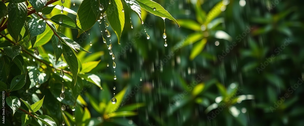 Obraz premium Raindrops cascade on lush green leaves, sunlight filtering through, close-up, texture