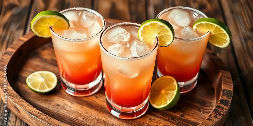 Fototapeta premium Three classic margaritas with lime wedges on a rustic wooden tray, ice, lime