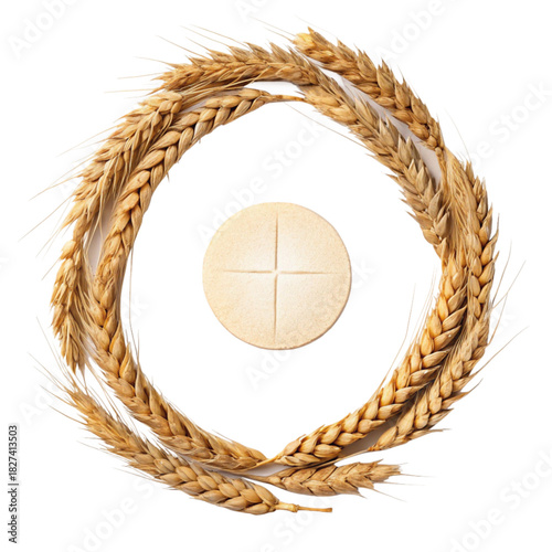 Golden wheat wreath framing communion host, a symbol of faith and tradition for church events, religious holidays, and spiritual reflections with sacred meaning
