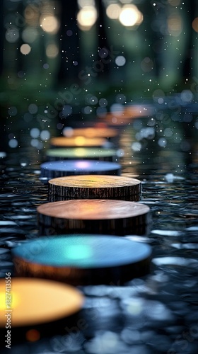 A row of colorful stepping stones in water, leading towards a blurred forest background with bokeh lights, creating a dreamy and tranquil atmosphere.