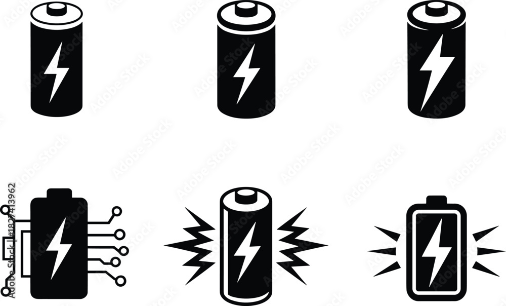 Naklejka premium Battery icon collection, lightning bolt energy symbols, electronic circuit battery, power discharge illustration, electricity storage, technology and renewable energy concept