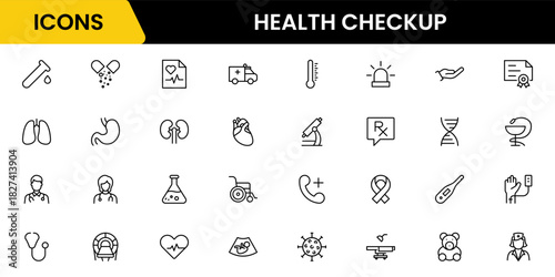 Health Checkup web icons in line style. Medicine, check up, doctor, dentistry, pharmacy, lab, scientific discovery, collection. Vector illustration.
