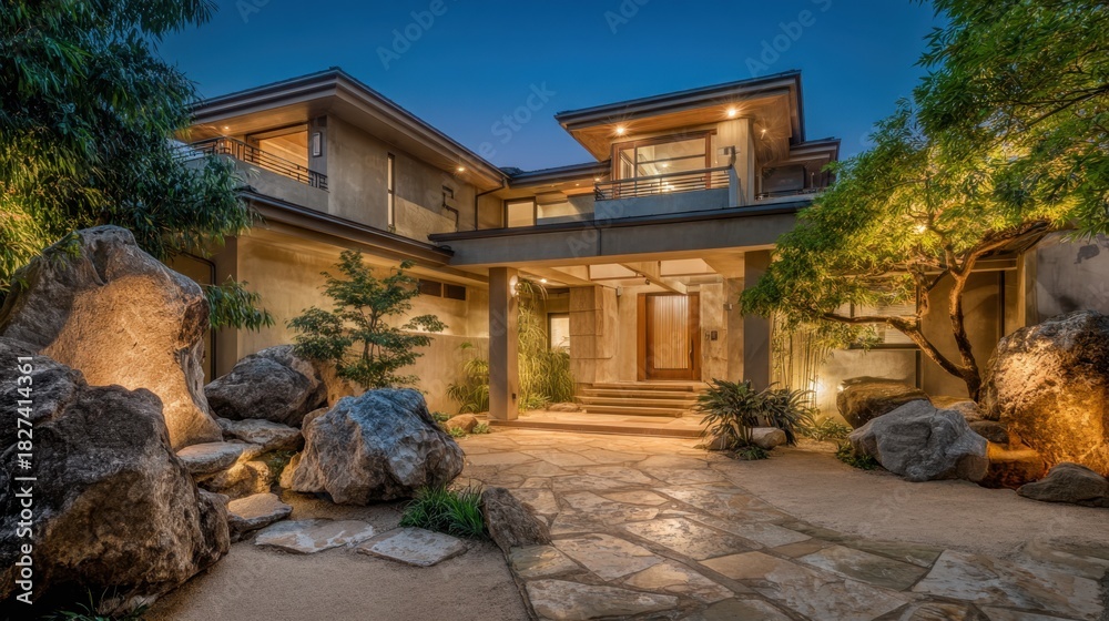 Fototapeta premium A modern home entrance showcases elegant architecture with soft evening lighting. Surrounding rocks and greenery create a tranquil garden atmosphere perfect for relaxation.