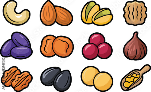 Assorted nuts and dried fruits in a grid cashew almonds
