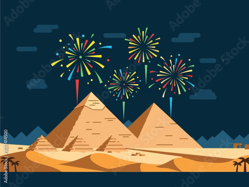 Digital Business Model Fireworks Celebration Over Pyramids in a Flat Illustration Style