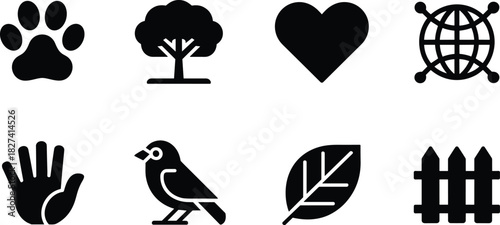 Black icons of nature and human elements on white paw print