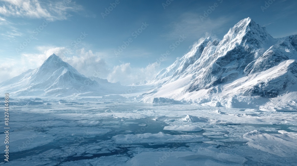 custom made wallpaper toronto digitalMajestic mountains rise above the icy terrain surrounded by glistening ice floes under a bright blue sky. The scene captures the beauty of a cold pristine wilderness.