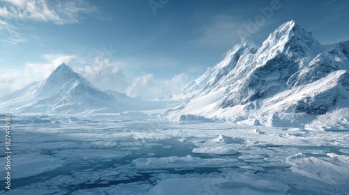 Wallpaper Mural Majestic mountains rise above the icy terrain surrounded by glistening ice floes under a bright blue sky. The scene captures the beauty of a cold pristine wilderness. Torontodigital.ca