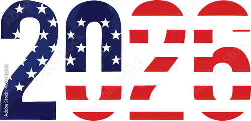Patriotic vector illustration of 2026 styled with American flag elements—stars and stripes in bold graphic design