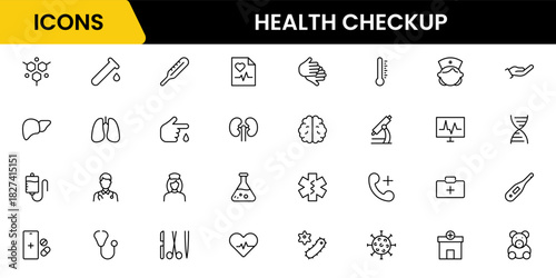 Health Checkup web icons in line style. Medicine, check up, doctor, dentistry, pharmacy, lab, scientific discovery, collection. Vector illustration.