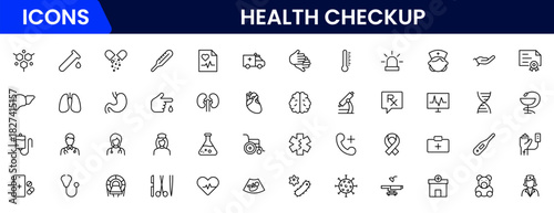 Health Checkup web icons in line style. Medicine, check up, doctor, dentistry, pharmacy, lab, scientific discovery, collection. Vector illustration.