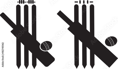 Cricket stumps and bails icon set, cricket equipment including a bat, ball, bails and stumps, wicket icon Flat design, sports illustrations silhouette vector illustration
