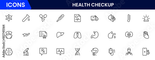 Health Checkup web icons in line style. Medicine, check up, doctor, dentistry, pharmacy, lab, scientific discovery, collection. Vector illustration.