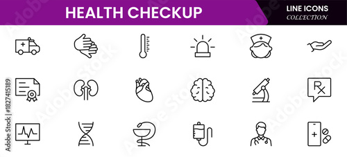 Health Checkup web icons in line style. Medicine, check up, doctor, dentistry, pharmacy, lab, scientific discovery, collection. Vector illustration.