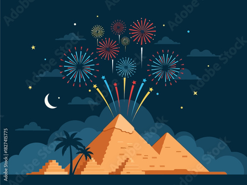 Pyramids at night with fireworks display as a metaphor for digital business model and celebration of achievement