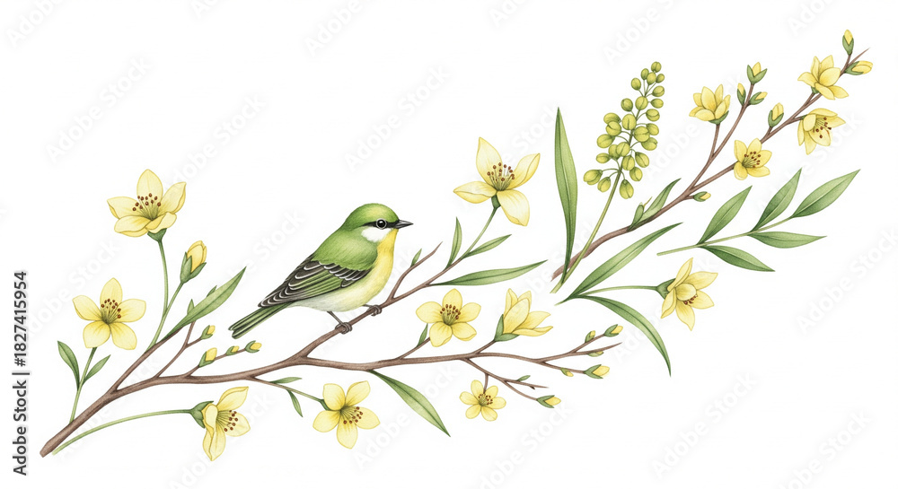 Fototapeta premium Watercolor spring bird on flowering branch, botanical floral element with yellow flowers, isolated nature illustration on white background