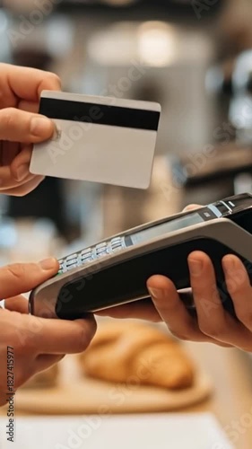Close-up of hands making a contactless payment with a credit card at a point-of-sale terminal in a retail setting.