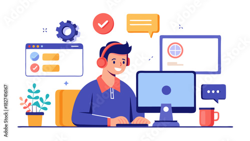 Young professional man wearing headphones working on laptop with digital communication icons in modern office