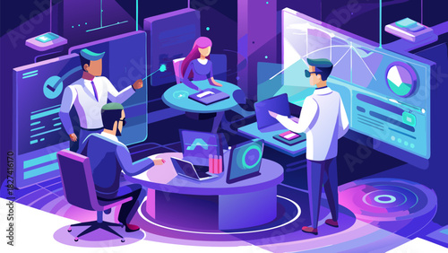 Two professionals analyzing futuristic holographic data dashboard in high-tech control room with neon lighting