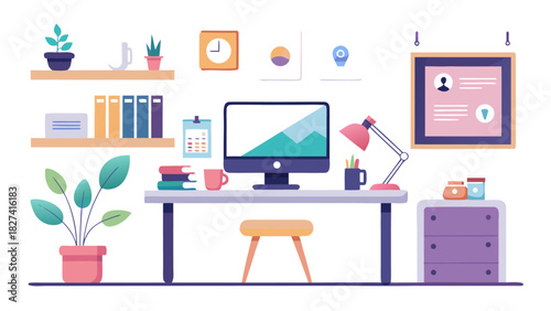 Modern home office setup with laptop, plants, and productivity icons on purple desk