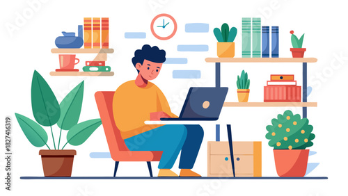 Young professional working remotely from home office with laptop and plants in bright workspace