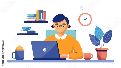 Young professional woman working on laptop in bright home office with plants and books, productivity concept