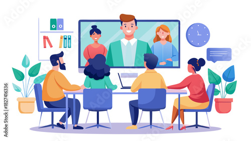 Remote team meeting with virtual presentation on screen