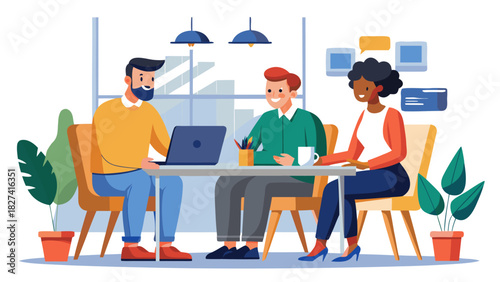 Diverse team collaborating in modern office with warm lighting and indoor plants