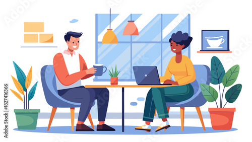 Diverse professionals collaborating in modern office with natural lighting and indoor plants