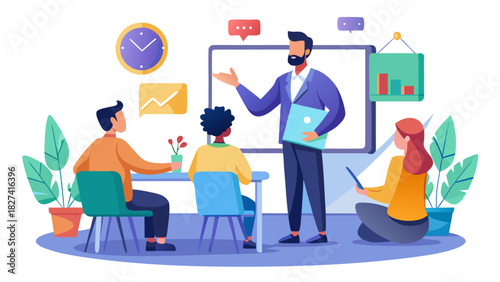 Diverse team in modern office attending virtual training session with instructor on screen