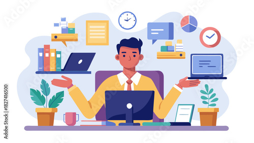 Professional businessman multitasking with laptop and digital productivity icons in bright modern office