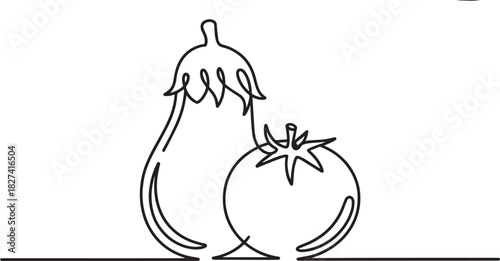  line art drawing of an eggplant (aubergine) and a tomato, representing healthy food and farming.
