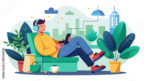 Young professional working remotely with laptop in cozy indoor garden workspace with city skyline view