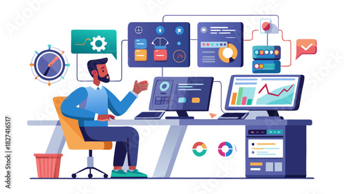 Businessman analyzing data on multiple computer screens in office