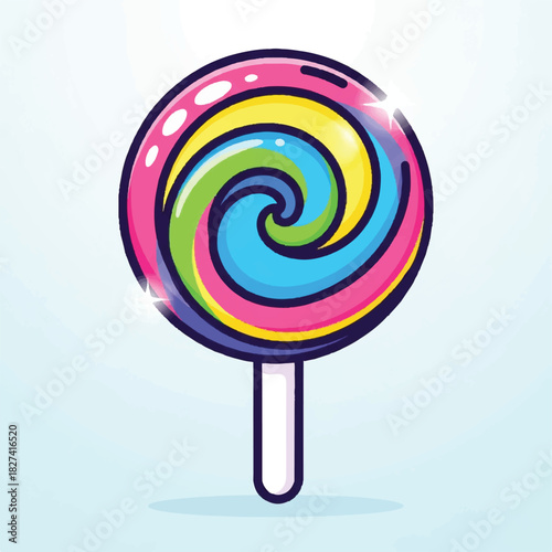 Bright rainbow swirl lollipop illustration featuring a colorful candy on a stick, cheerful and kid friendly.