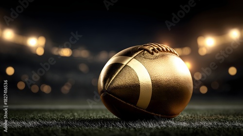 Golden American Football on Grassy Field with Stadium Lights at Night.
