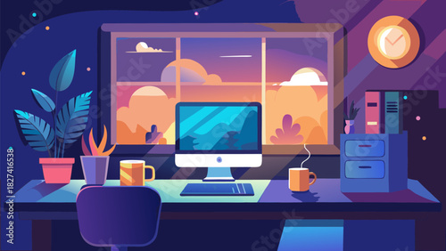 illustration of a modern home office workspace at dusk with computer and plants
