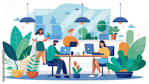 Diverse team collaborating in modern office with natural lighting and green plants