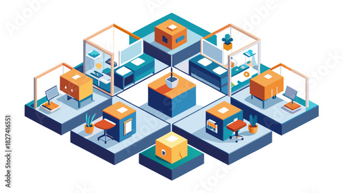 Isometric illustration of interconnected office spaces with cubicles and desks
