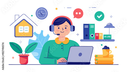 Young professional woman working remotely with laptop and headphones in home office with productivity icons