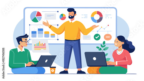 Diverse team analyzing business data on digital dashboard during collaborative brainstorming session